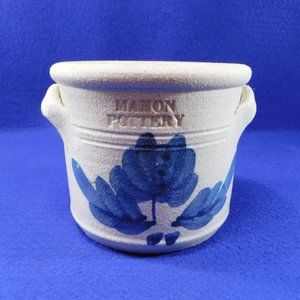 Mahon Pottery Stoneware Crock Blue Flowers Leaves Handles Stoneware  5"
